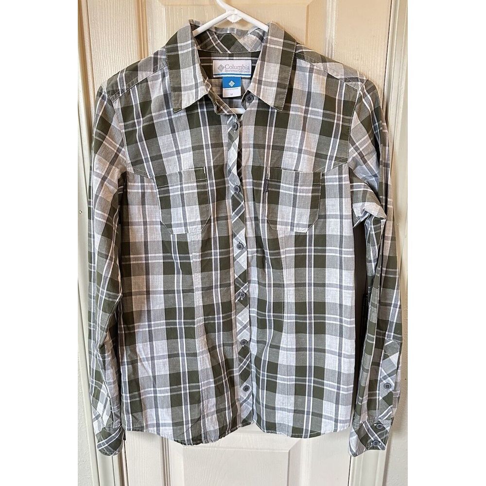 Columbia Womens Med Green Plaid Long Sleeve Full Button Shirt